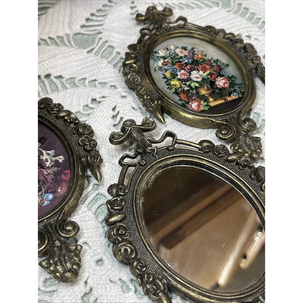 Vintage Victorian Brass Ornate Frames Floral Art and Mirrors Italy Set of 3